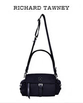 Prada-inspired black nylon crossbody bag with flap cover, buckle closure and leather trim