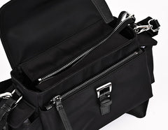 Detailed view of Prada-style nylon messenger bag interior storage pockets and organizers