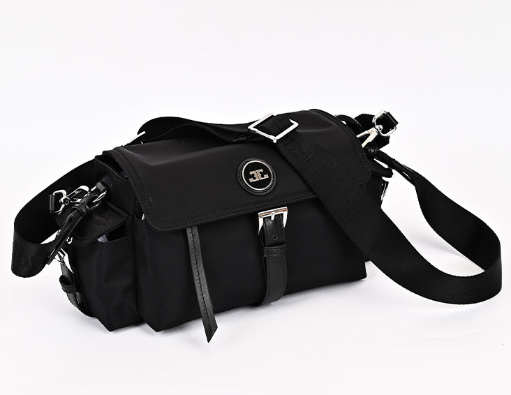 Prada-inspired black nylon hobo shoulder bag with leather accents and structured design