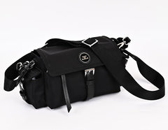 Prada-inspired black nylon hobo shoulder bag with leather accents and structured design