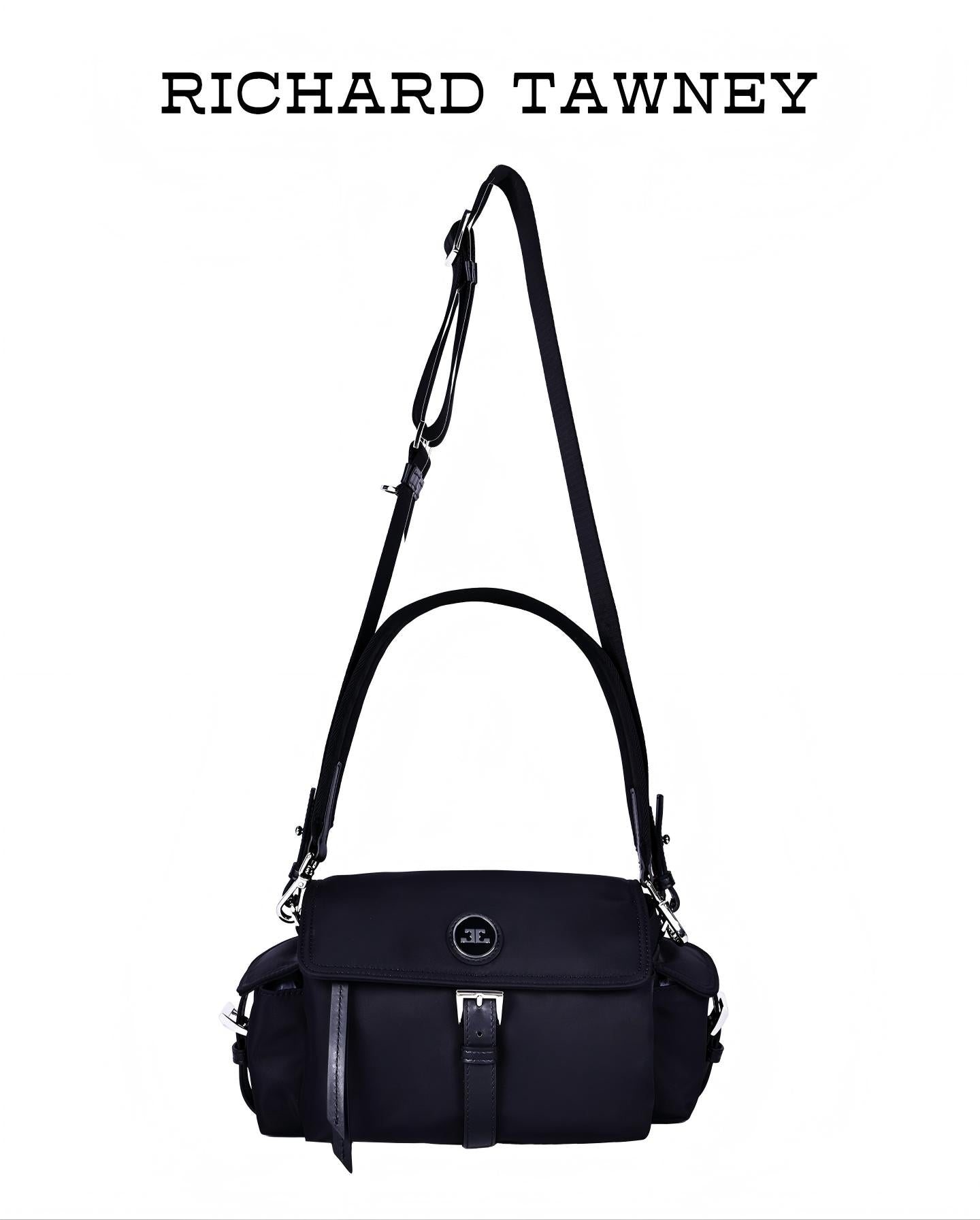 Prada-inspired black nylon crossbody bag with flap cover, buckle closure and leather trim