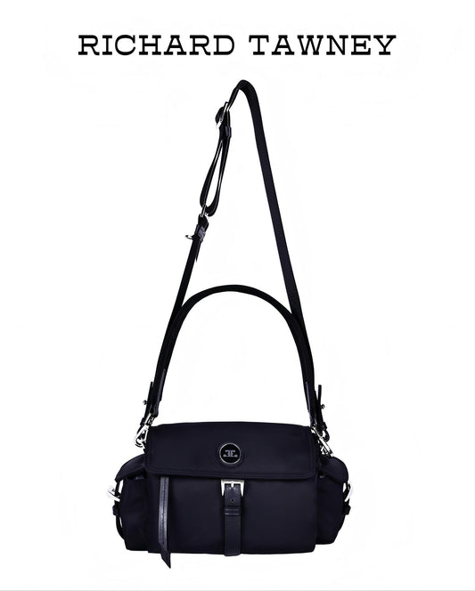 Prada-inspired black nylon crossbody bag with flap cover, buckle closure and leather trim