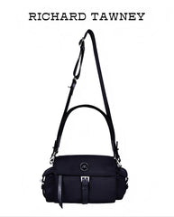 Prada-inspired black nylon crossbody bag with flap cover, buckle closure and leather trim