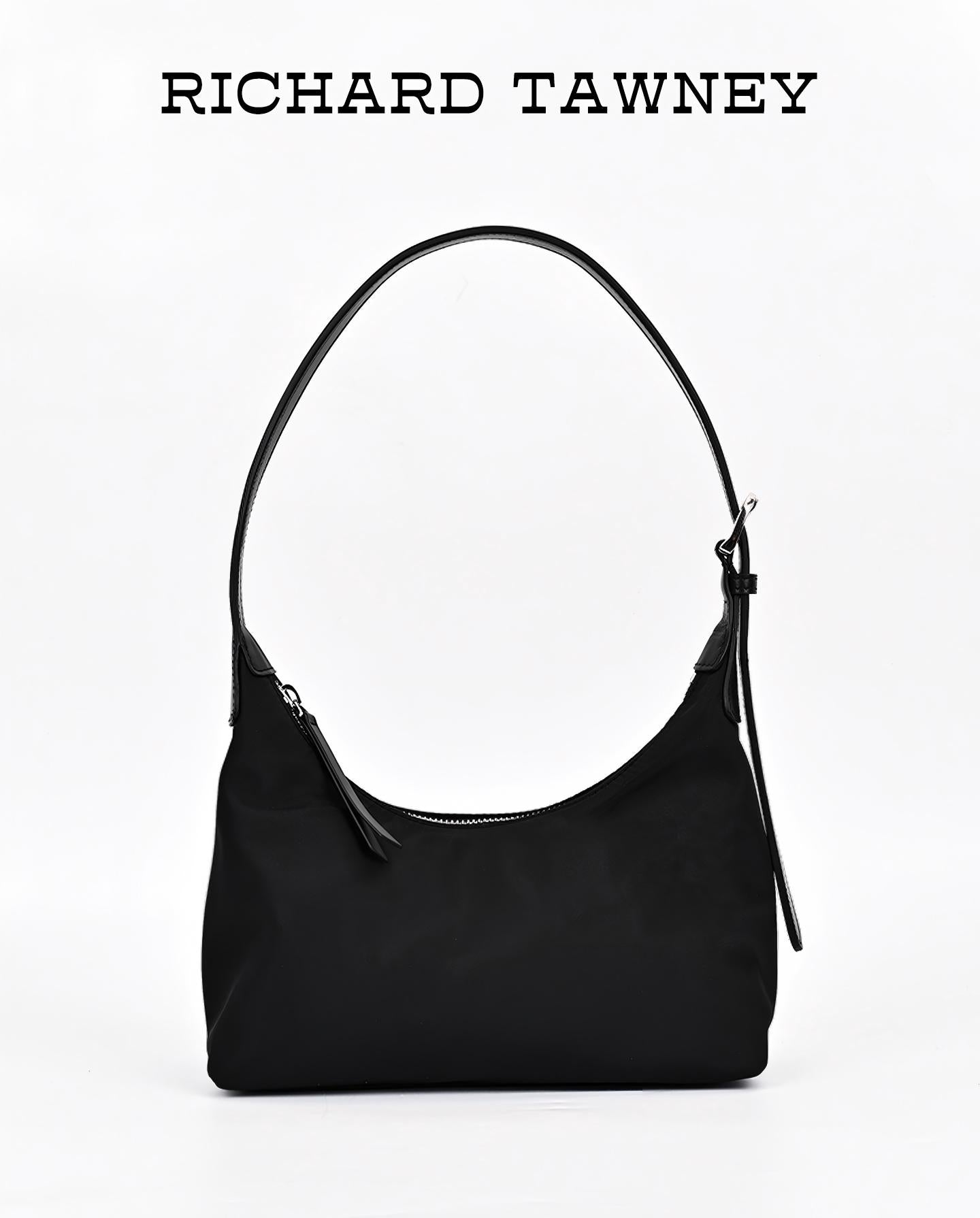 Prada-inspired black nylon hobo shoulder bag with leather trim and structured design for daily commuting and everyday luxury
