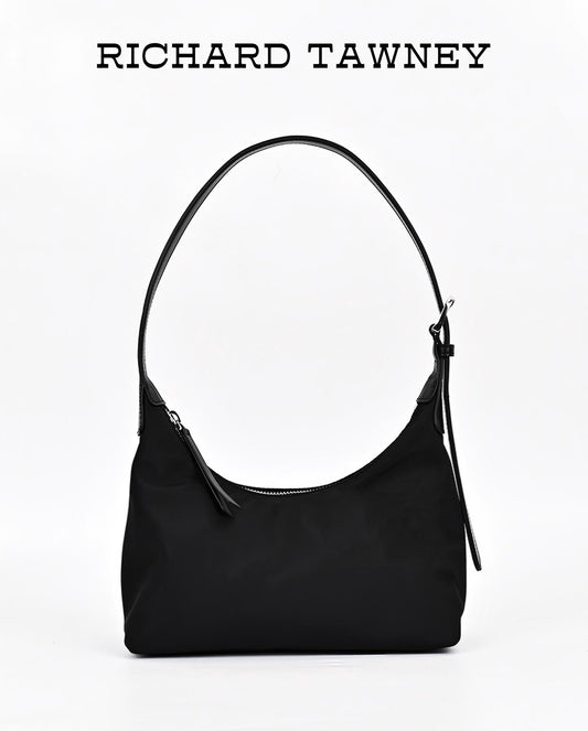 Prada-inspired black nylon hobo shoulder bag with leather trim and structured design for daily commuting and everyday luxury