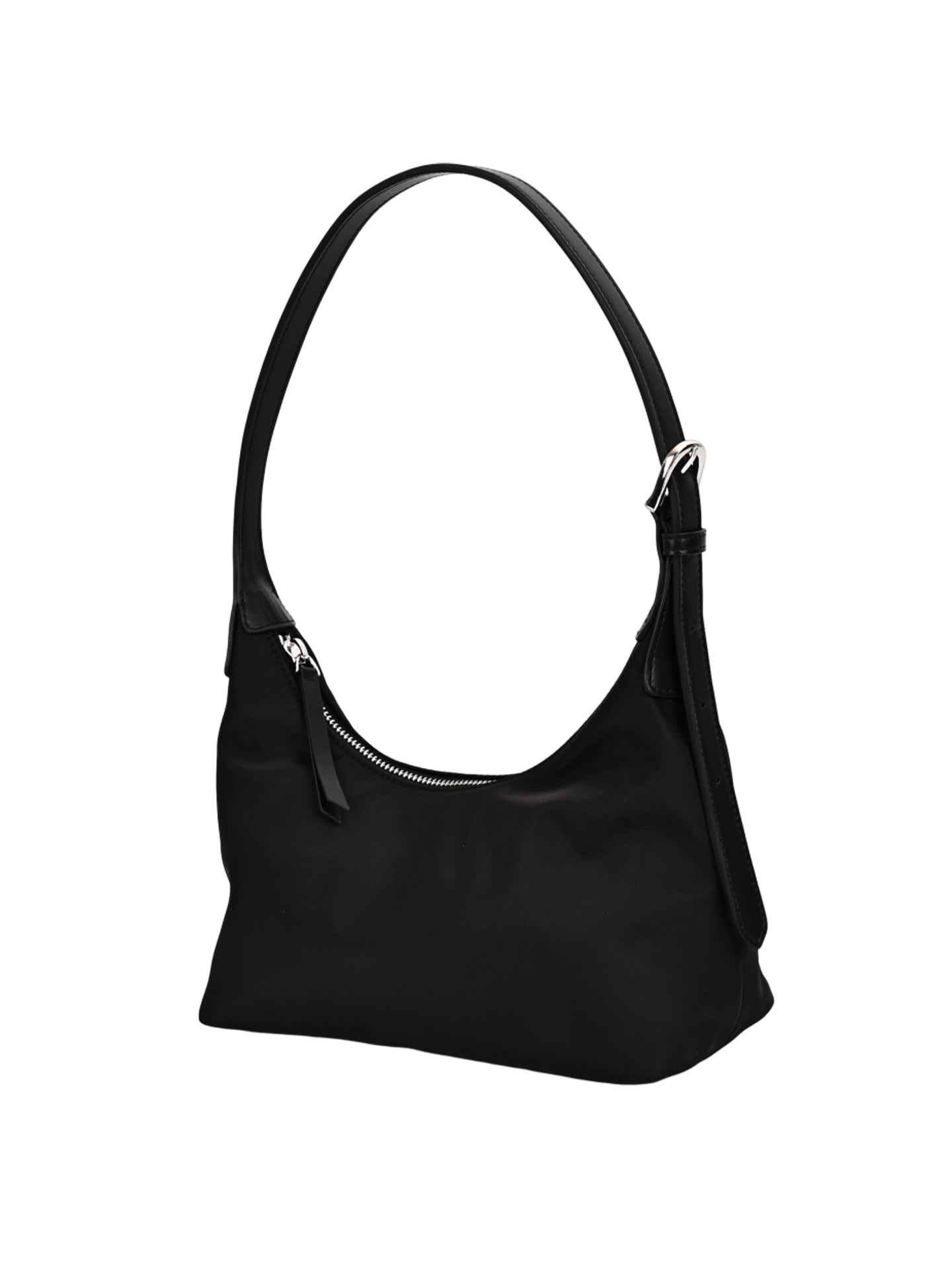 Black nylon hobo shoulder bag with elegant curved shape and leather accents - Richard Tawney

