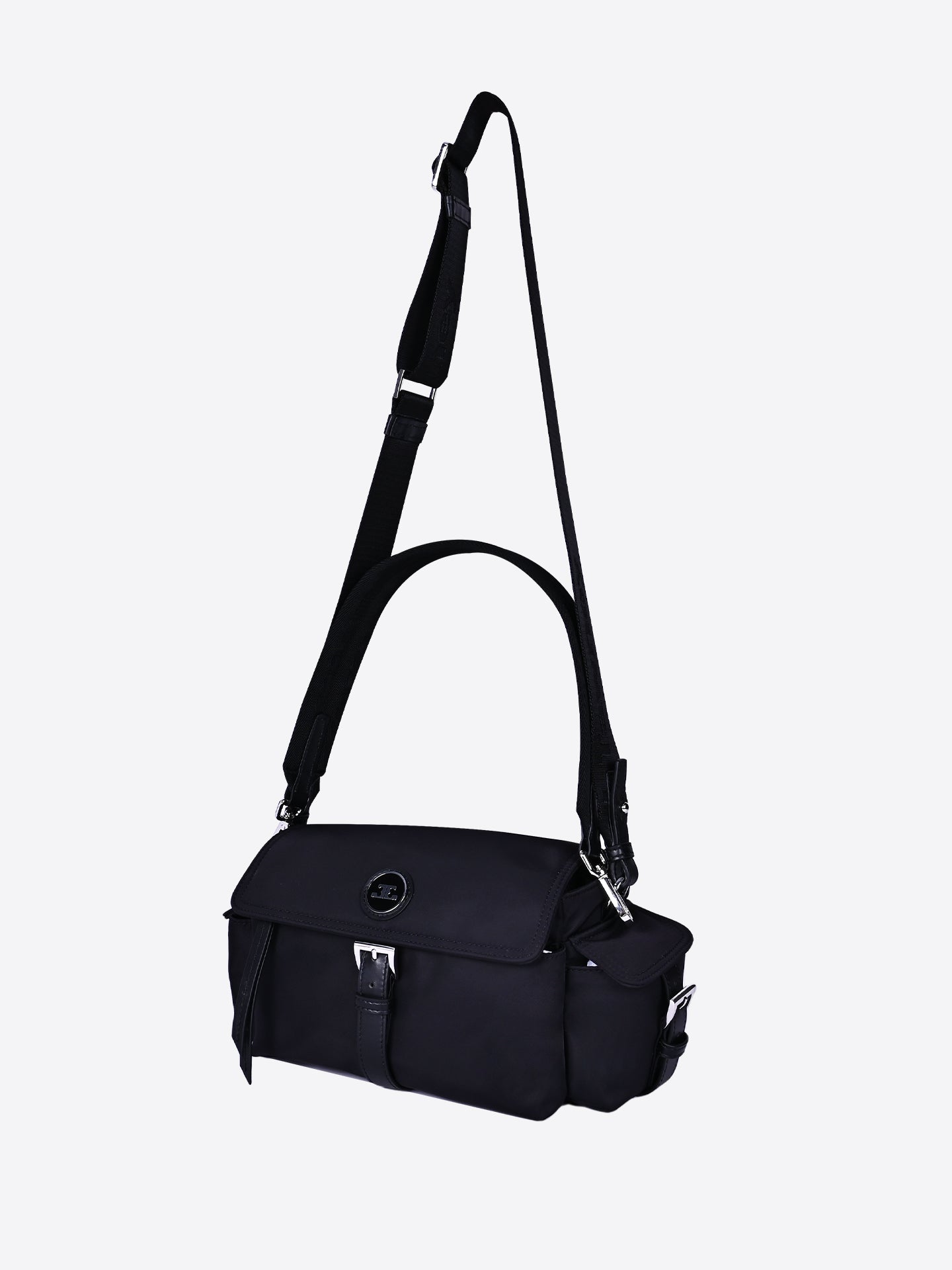 Elegant black nylon messenger bag with structured shape and adjustable shoulder strap