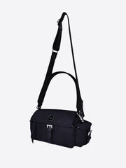 Elegant black nylon messenger bag with structured shape and adjustable shoulder strap