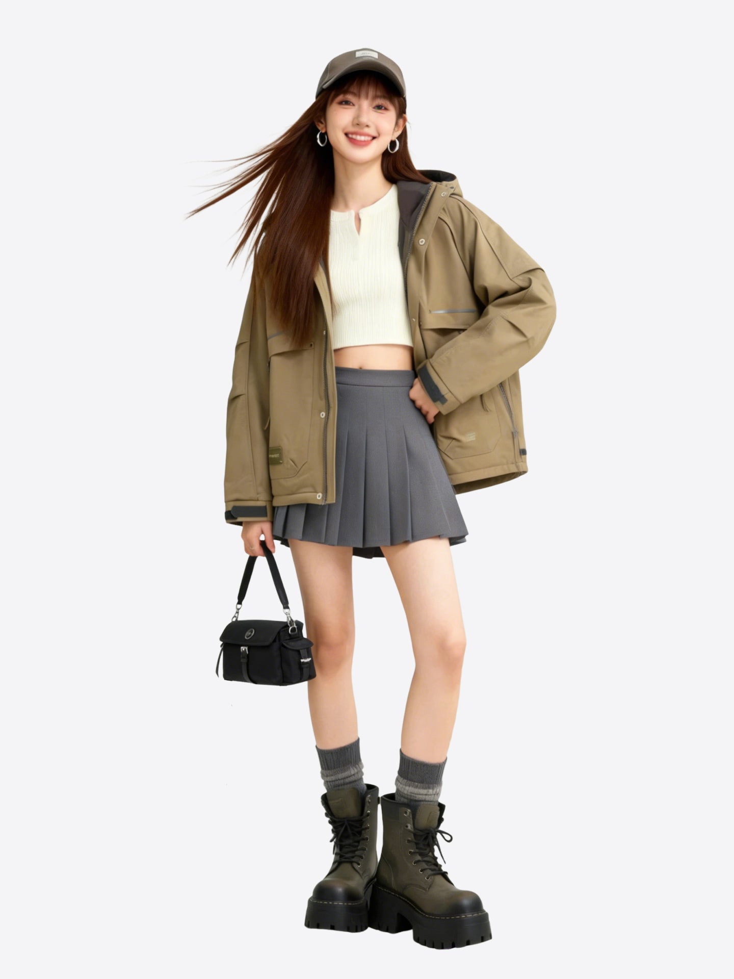 Black nylon crossbody bag worn on shoulder by model, showing casual daily commuter style