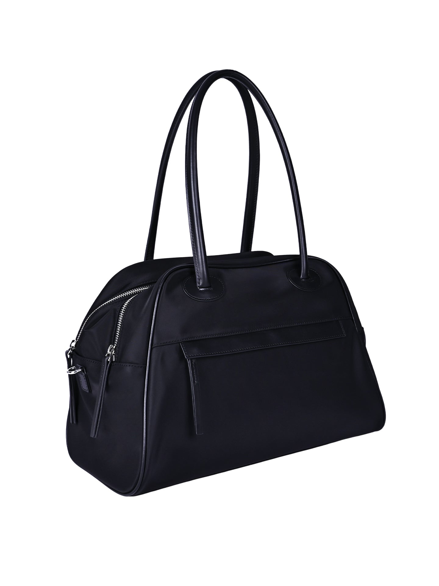 Elegant black nylon commuter tote bag with leather accents, dual shoulder handles and front zipper pocket for daily work and travel
