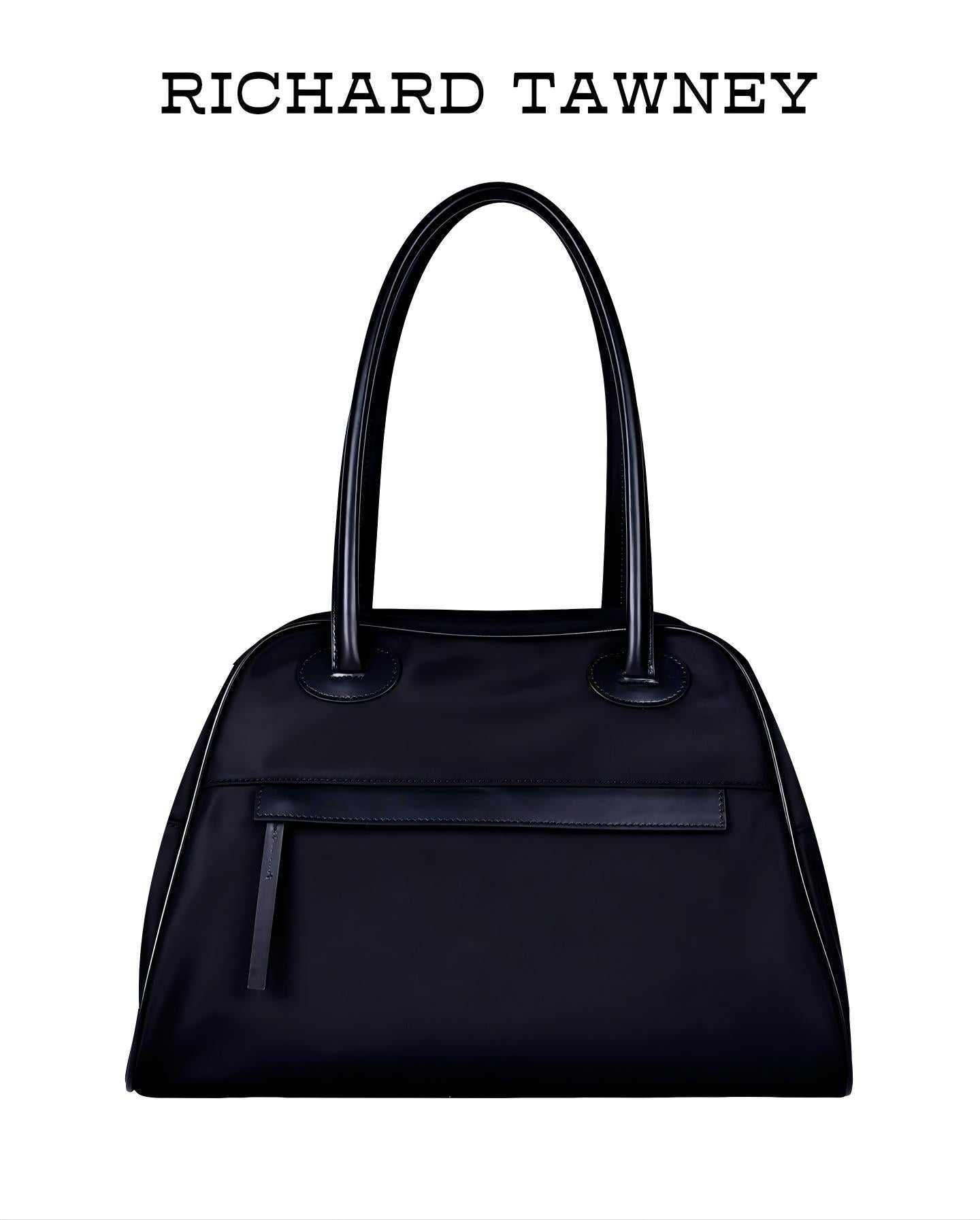 Black Prada-inspired nylon leather tote bag with dual handles, waterproof fabric and elegant commuter design