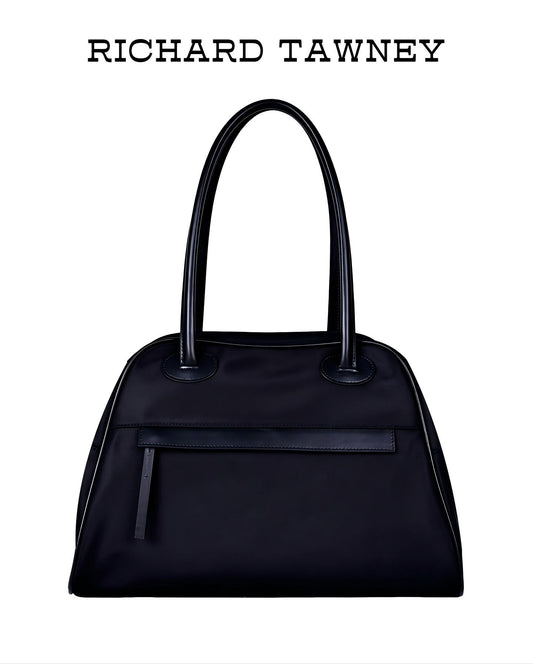 Black Prada-inspired nylon leather tote bag with dual handles, waterproof fabric and elegant commuter design