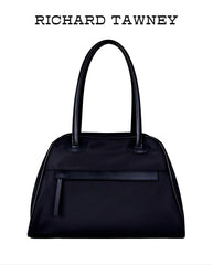 Black Prada-inspired nylon leather tote bag with dual handles, waterproof fabric and elegant commuter design